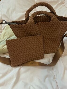 Naghedi Woven Crossbody Tote with Detachable Pouch - Tan Brown
